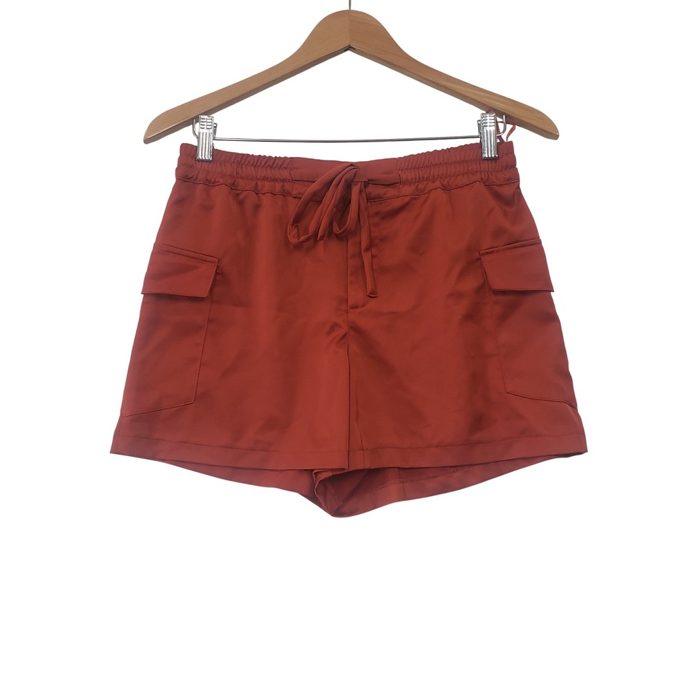 Zara Cargo Shorts Womens XS Rust Orange Satin Drawstring Waist Utility Pocket
